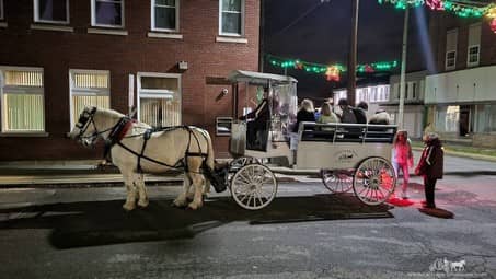 Our large Limousine Carriage giving rides during a holiday event in Wampum, PA