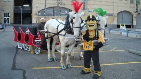 Our Sleigh with Pittsburgh Steelers mascot Steely McBeam next to PNC Park in Pittsburgh PA