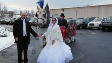 The bride and groom with our Sleigh in Wintersville Ohio