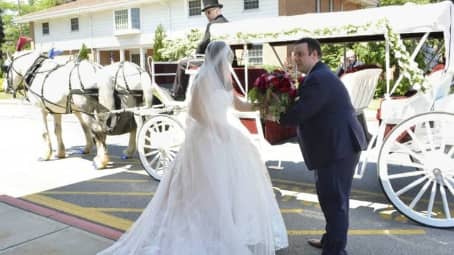 Bride and groom ready for their ride after their ceremony in Sewickley, PA
