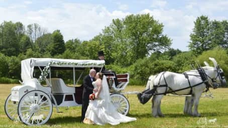 The newlyweds sharing a kiss beside our Stretch Victorian in Rootstown, OH