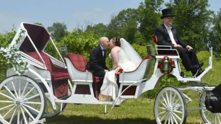 The couple sharing a kiss in the Stretch Victorian after the ceremony in Rootstown, OH