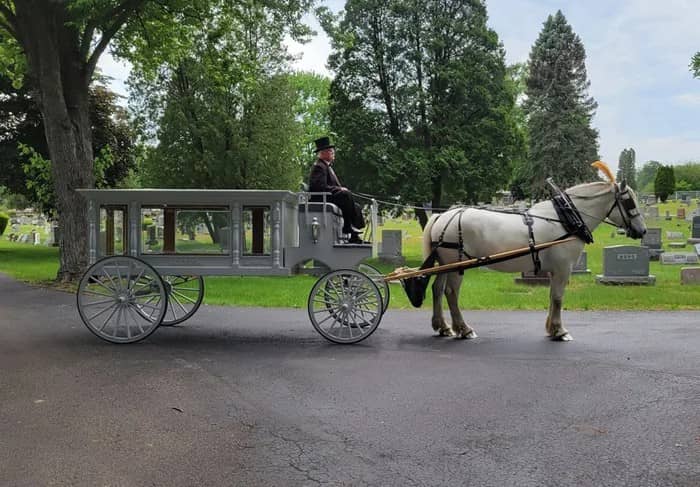 Our one of a kind Horse Drawn Hearse before a funeral in East Liverpool, OH