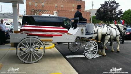Our one of a kind Caisson Hearse at a funeral in Coshocton, OH
