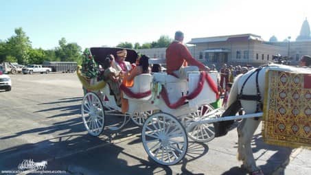 The groom and family on their way to the wedding in our Indian Wedding Carriage in Brunswick, OH