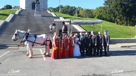 The entire wedding party posing with the Limousine Carriage in front of the McKinley Memorial in Canton, OH